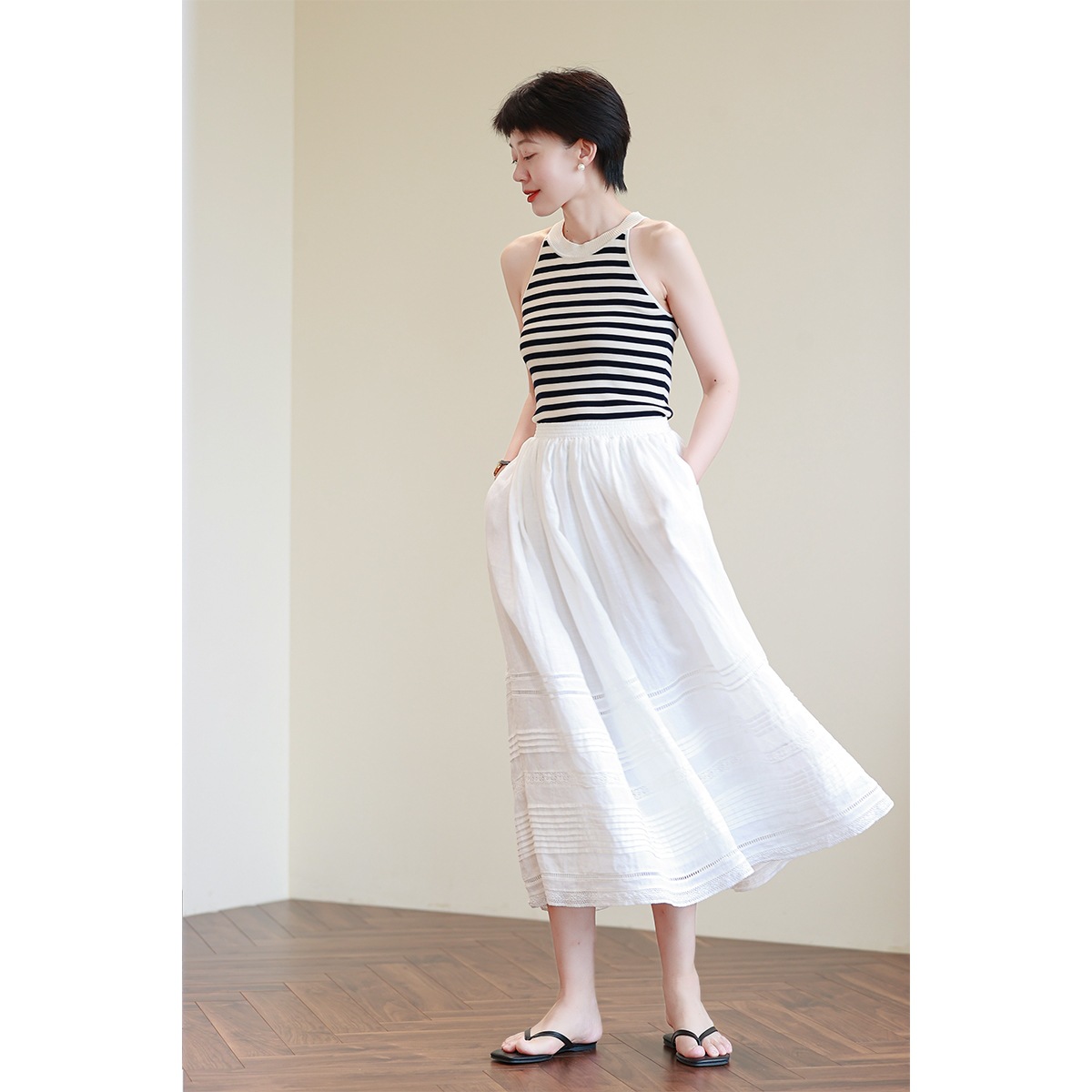 Reject sultry light light high waist hollow embroidery lace white ramie A- line long skirt large swing skirt