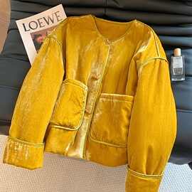 新中式黄色丝绒圆领棉服女2025新款冬季高端国风宽松加厚洋气外套
