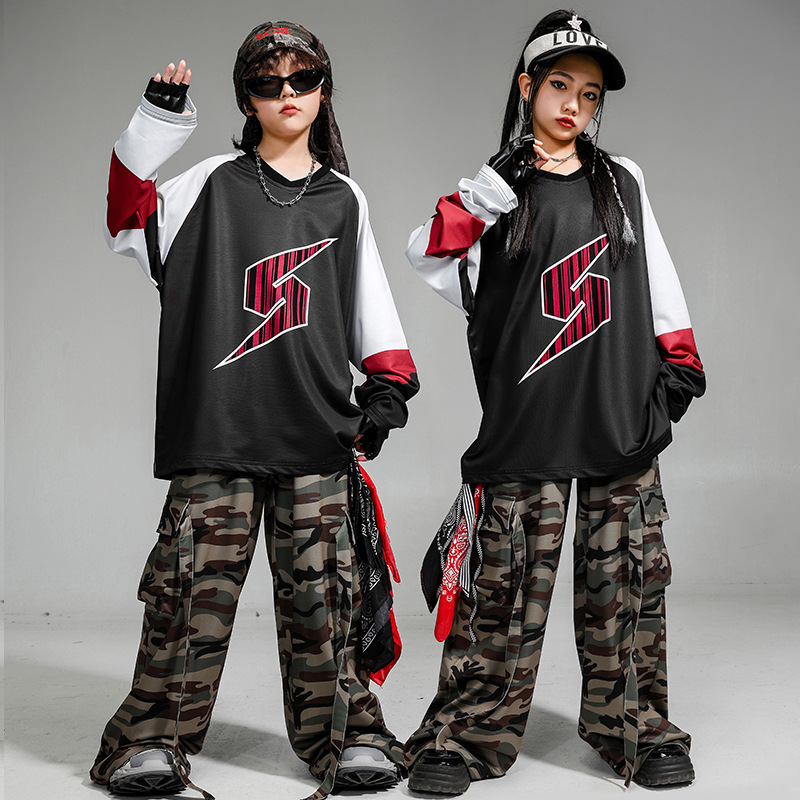 少兒街舞服裝男童閃電迷彩褲套裝兒童嘻哈潮服女童hiphop演出服春