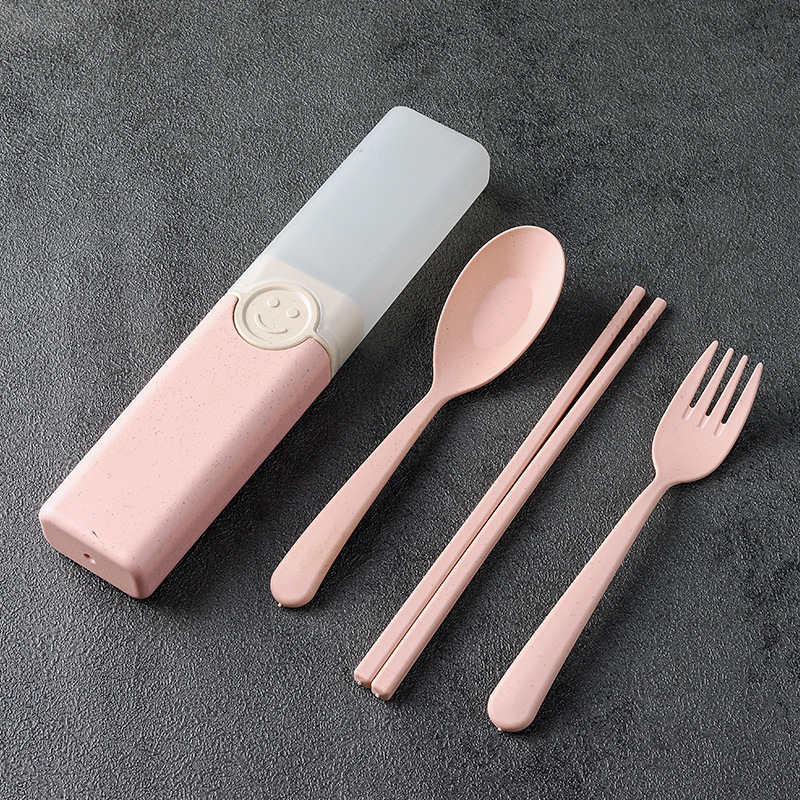 Cuchillo portátil, tenedor y cuchara conjunto de tres piezas de trigo estudiante de viaje palillos, tenedor y cuchara trabajo en caja Smiley vajilla traje logo