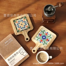 现货供应实木隔热垫复古花砖把手砂锅垫家用餐具装饰木质杯垫