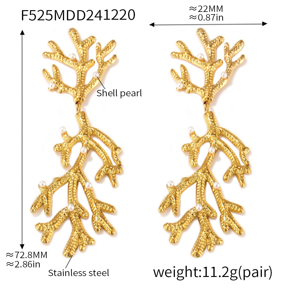 Square Sugar Exaggerated Pearl Texture Coral Shaped Fashionable Earrings Women's Stainless Steel Earrings_voghion.com