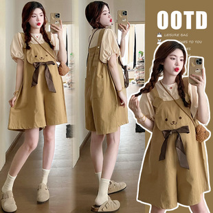 2025 summer suit Korean fashion casual top bear cartoon suspenders two-piece set