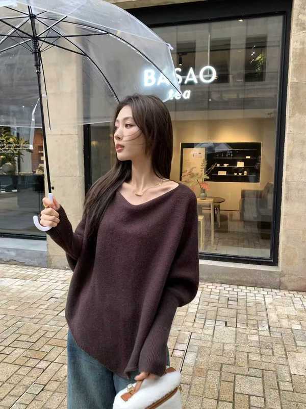 温柔风韩版蝙蝠袖针织毛衣女2025秋冬新款一字领慵懒不规则上衣潮|undefined
