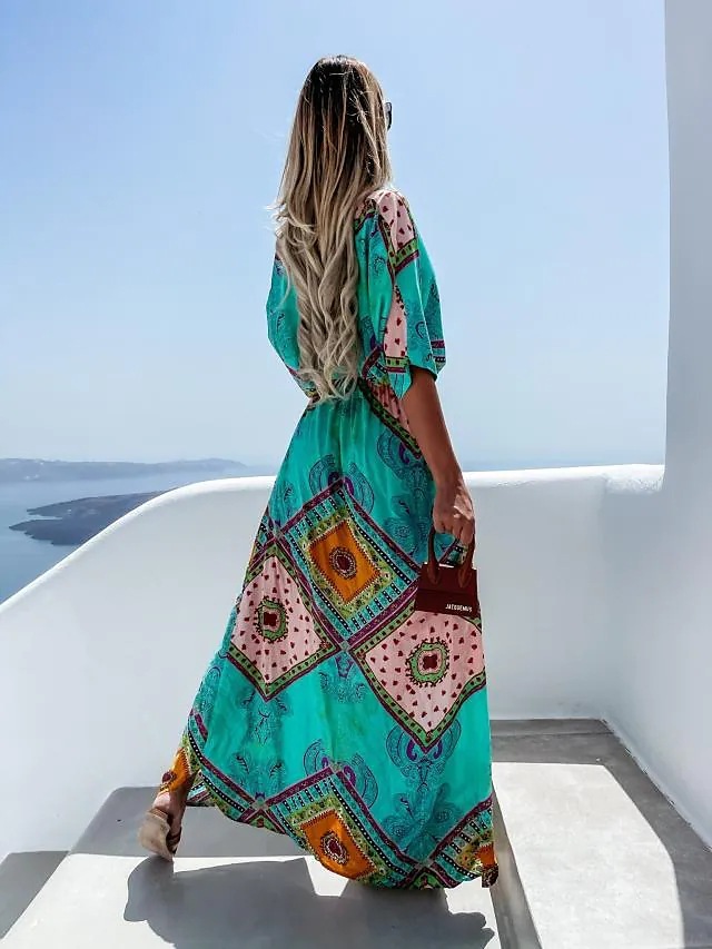 Regular Fit Fit Type Color Block Pattern Summer Season Women'S Gender Wholesale Women'S Elegant Printing Color Block Holiday V Neck Short Sleeve Regular Dress