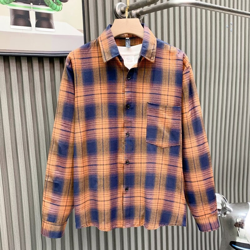 Plaid Shirt with a Turn-Down Collar Cardigan Design, Niche Thin Casual Ins Men's Long-Sleeve Shirt Jacket for Wholesale