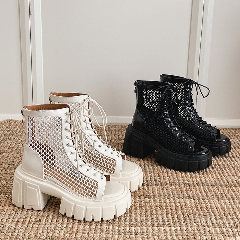 Boot lưới hở mũi nữ đế dày da thật dây thắt Martin 2025 — Màu đen, Màu trắng