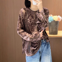 南油2025秋款新中式真丝丝绒烧花长袖防晒衬衫咖色篙端上衣不退换