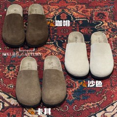 软皮圆头平底百搭勃肯鞋女2025秋季新款复古潮流一脚蹬休闲包头拖