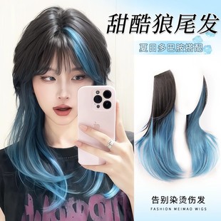 [Iris Blue] Blue and Black Highlighted Wolf Tail High-Level Sturgeon Head Natural Long Straight Hair Free Hair Net Wig Wig