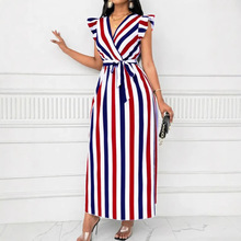 2025夏季独立站temu亚马逊ebay印花V领气质优雅条纹腰带长连衣裙