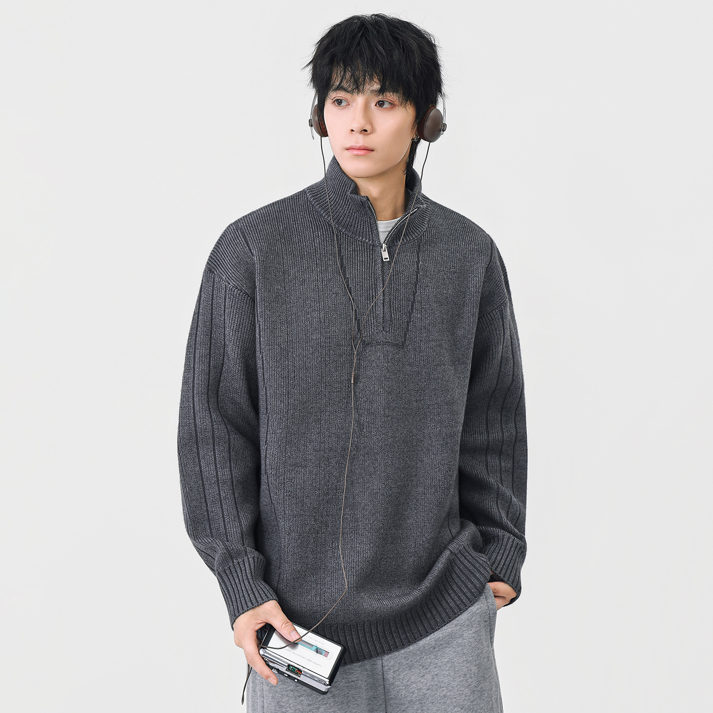 Jacket de cuello vertical japonés retro color sólido suéter versátil abrigo 2025 otoño invierno nuevo peso suelto
