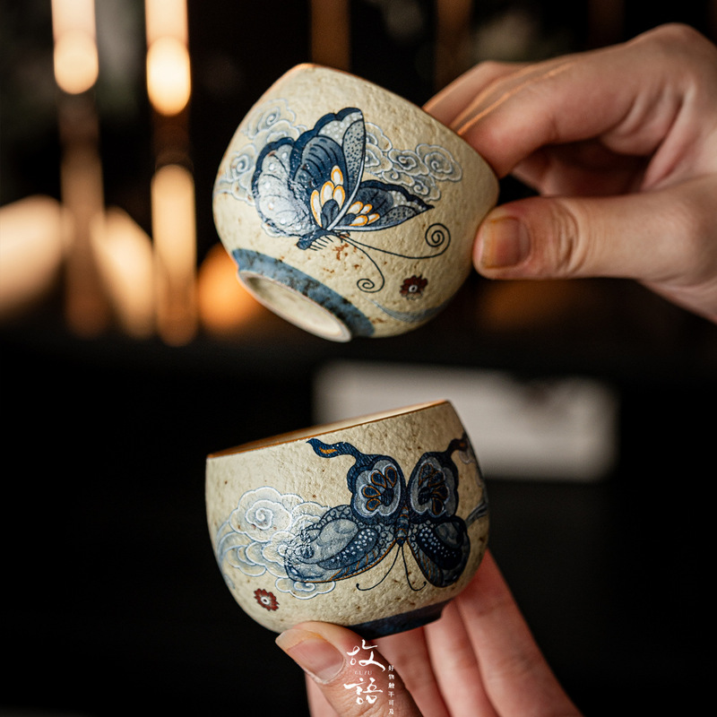 青花火石红茶杯主人杯复古中式家用功夫茶具杯子单杯不烫手龙蛋杯|undefined