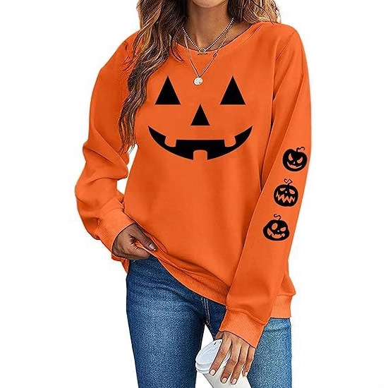 2025 Cross-Border Amazon Autumn and Winter Women's New Spooky Halloween Ghost Pumpkin Bat Female Round Neck Sweatshirt