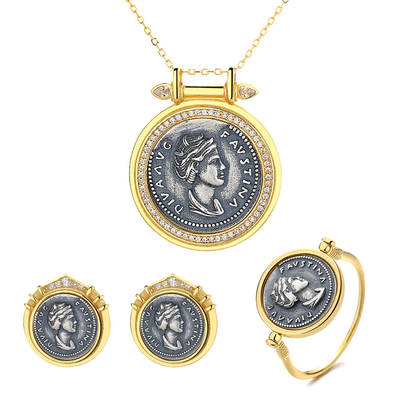 New European and American Cross border Roman Coin Sterling Silver Jewelry Set s925 Premium Three Piece Set Empress Antique Jewelry