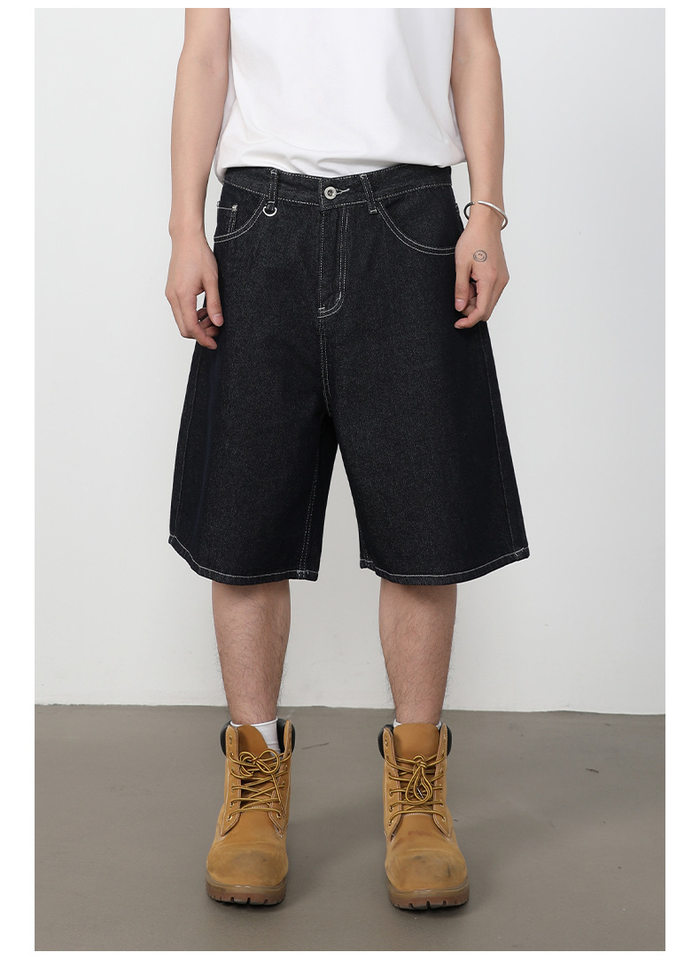 Quần short jean nam lửng ống rộng dáng suông phong cách retro, chất liệu denim thô — Denim đen, Xanh denim chi tiết 18