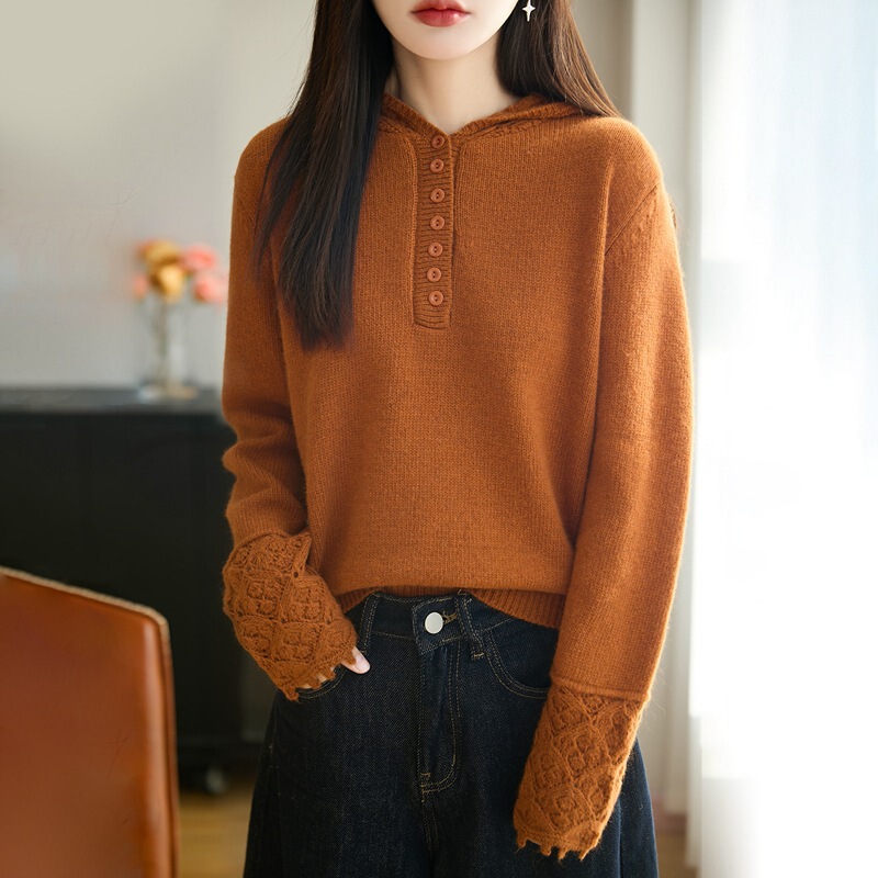 Double-Layer Thickened Hooded Base Layer Sweater for Women, French-Style Crochet Hollow-Out Half-Open Collar Long-Sleeve Pullover Sweater Double-Layer Thickened Hooded Base Layer Sweater for Women, French-Style Crochet Hollow-Out Half-Open Collar Long-Sleeve Pullover Sweater