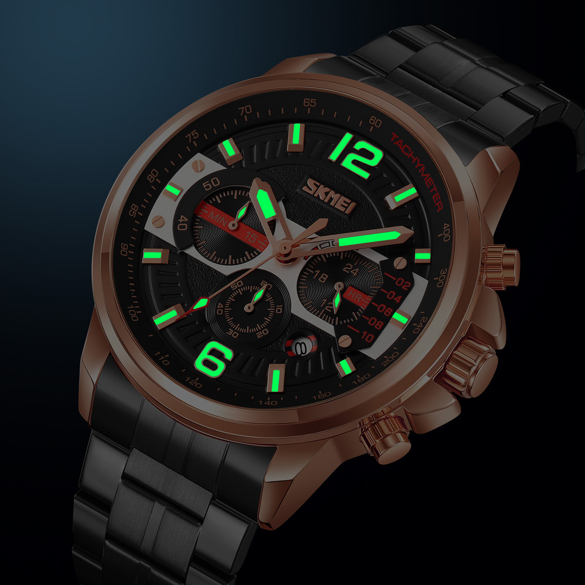 Momento de moda transfronteriza relojes deportivos de cuarzo para hombres calendario de correa de acero de luz nocturna fuente de fábrica al por mayor
