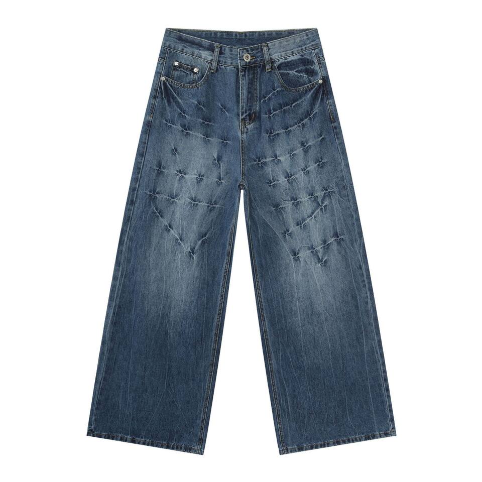 Quần jeans nam dáng rộng ống thẳng họa tiết sét chất liệu washed phong cách đường phố — màu xanh, màu xám đen