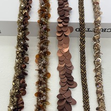 咖色织带手钉珠亮片水晶花边diy辅料服装领子袖口装饰