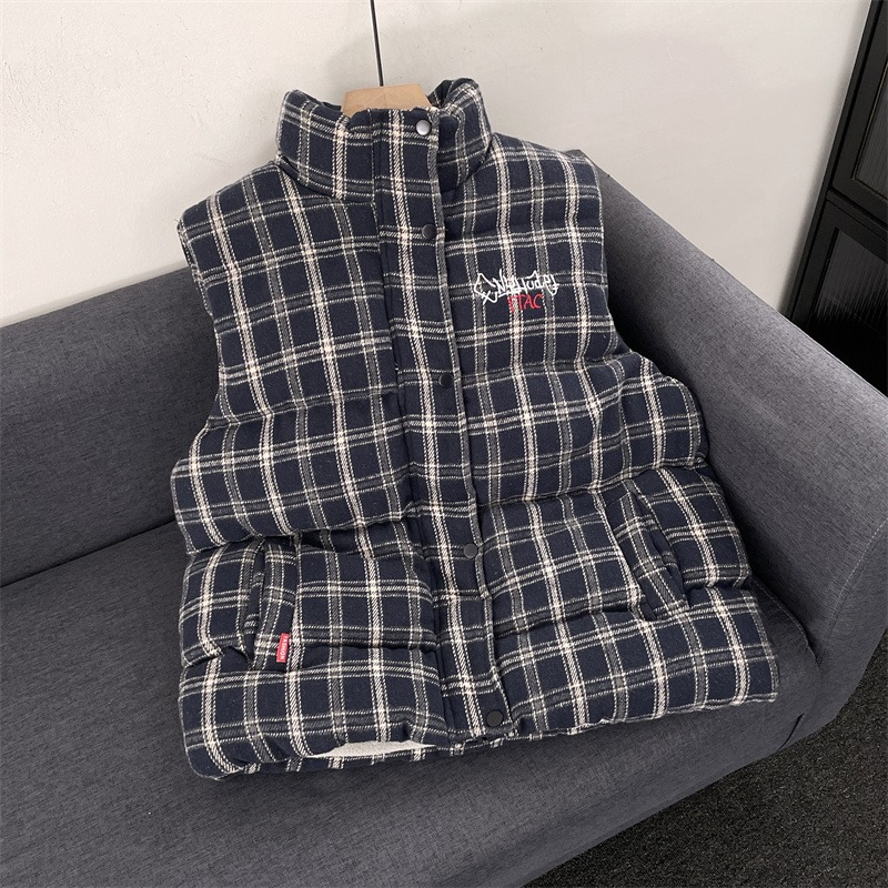 美式格纹无袖马甲棉服宽松秋冬新款男女复古叠穿外套上衣潮