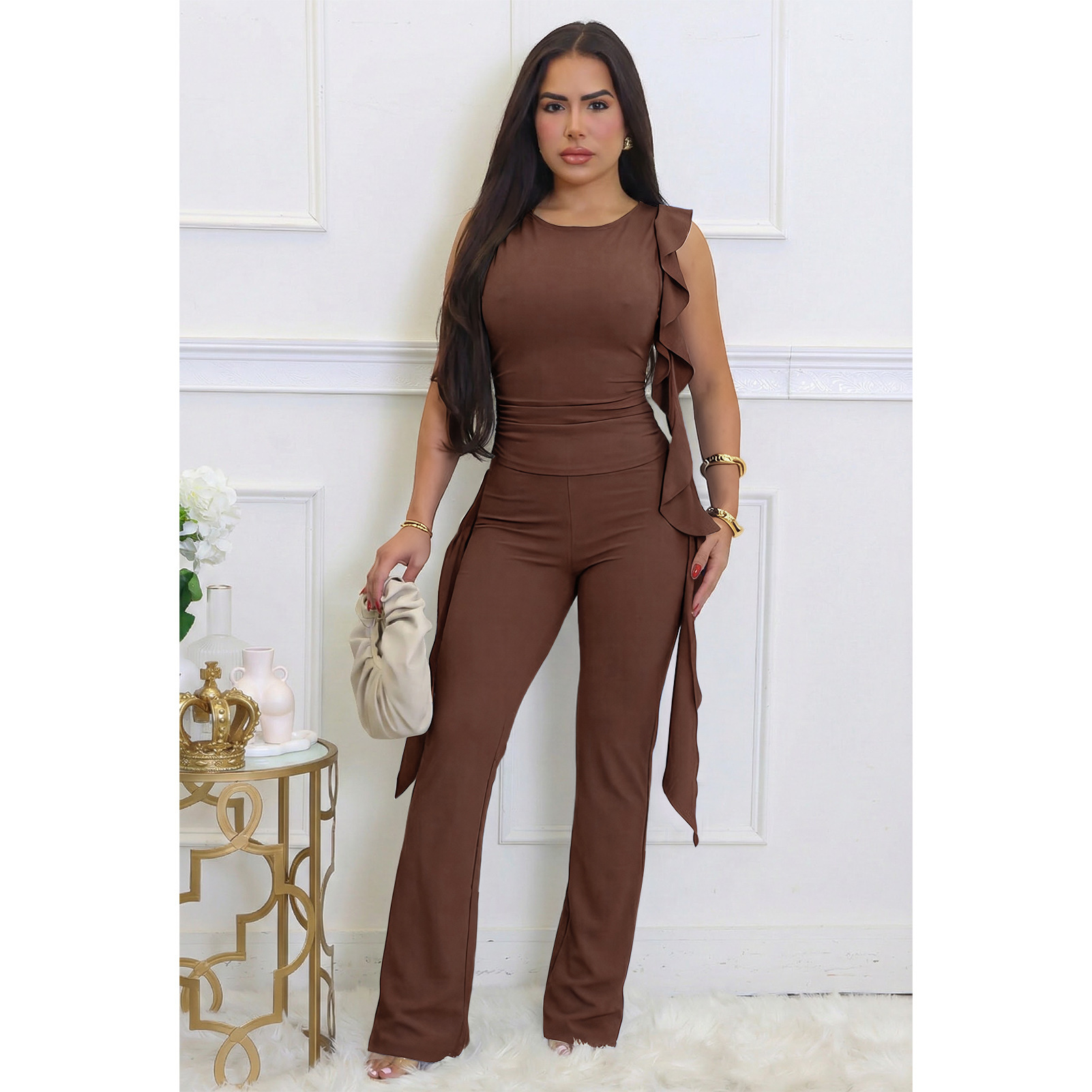 Women's Solid Colour Ruffled Slim Fit Flared Trouser Set Casual_voghion.com