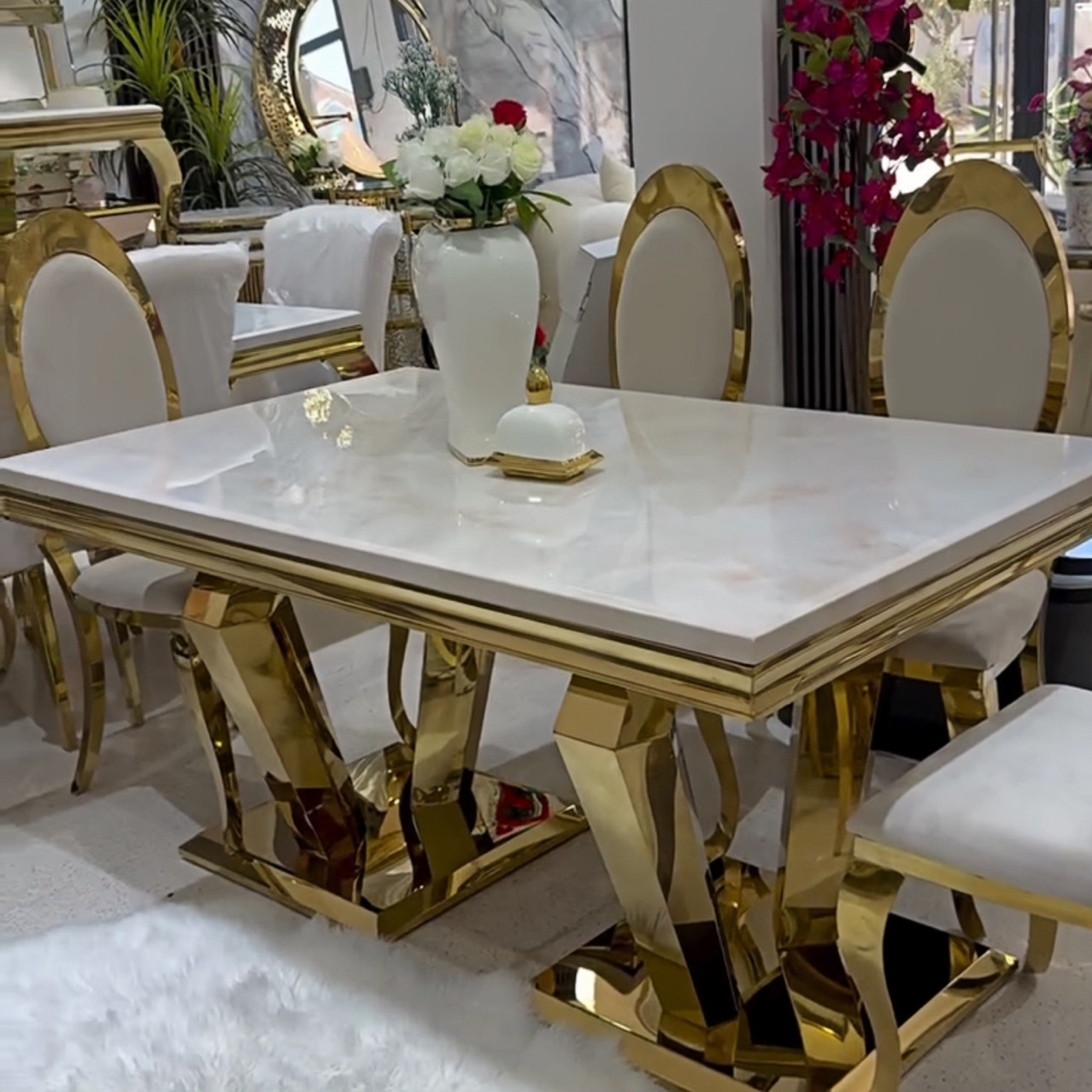 Italian Light Luxury Marble Dining Table and Chair Combination High-End Luxury Cross-Border Furniture Stainless Steel Rectangular Dining Table and Chairs