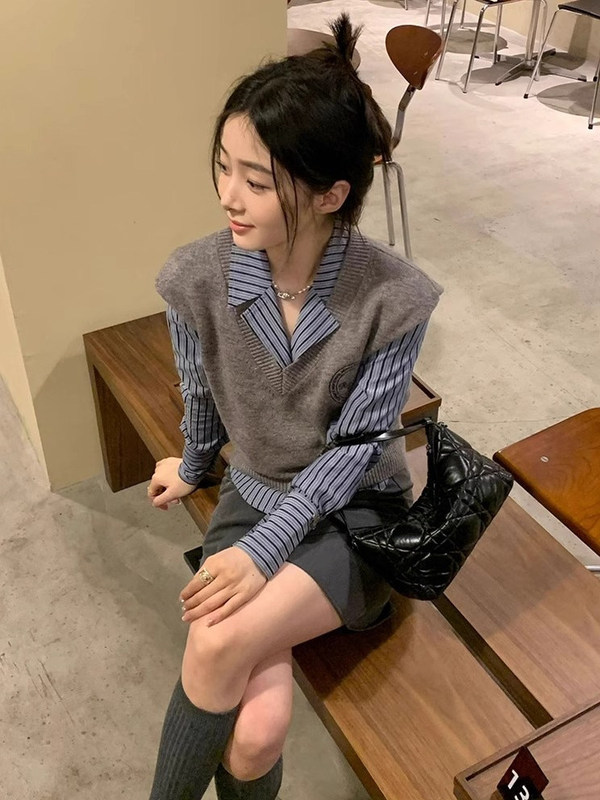 【三件套装】2025秋季学院风长袖条纹衬衫女针织马甲女背心包臀裙|undefined