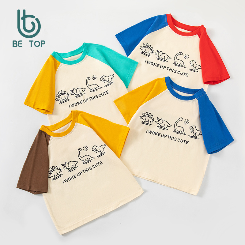 Betop ropa de verano para niños camiseta de manga corta para niños 2025 versión coreana de la ropa de bebé con mangas raglán de dinosaurio