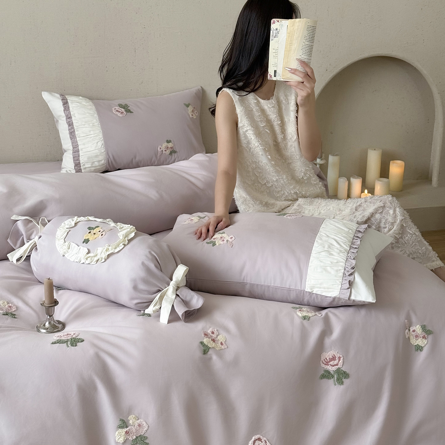All-Cotton Brushed Four-Piece Set with Rose Towel Embroidery, Bed Sheet, Duvet Cover, Bedding for Autumn and Winter, New Popular Style Fitted Sheet