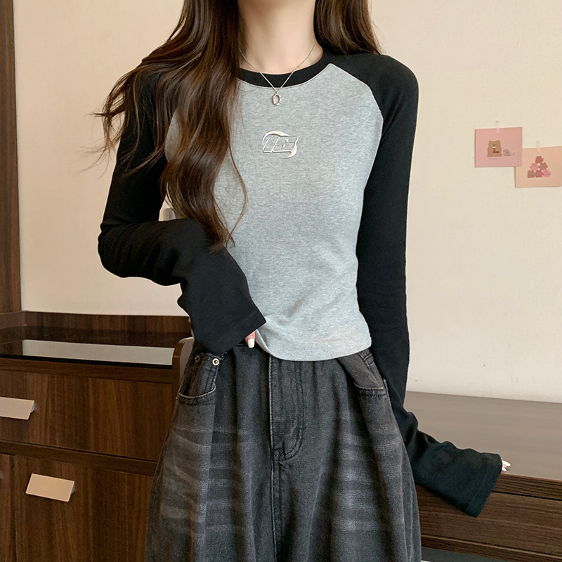 2025秋季新款短款修身插肩袖圆领打底衫上衣长袖t恤薄款女装|undefined