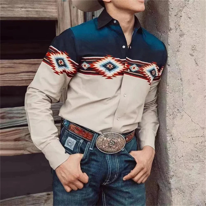 Men's Western Tribal Shirt Retro Casual Party Totem Print Pattern Soft and Comfortable Men's Top Cross-Border