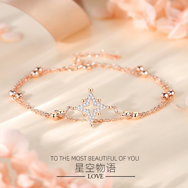 Estrella de doble capa Plata de Ley 925 pulsera femenina Corea del Sur cielo estrellado luz lujo ins estilo doble capa Cielo estrellado pulsera moda temperamento