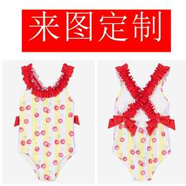 儿童女童花边飞袖蝴蝶结氨纶锦纶面料运动服装泳衣实体泳装工厂