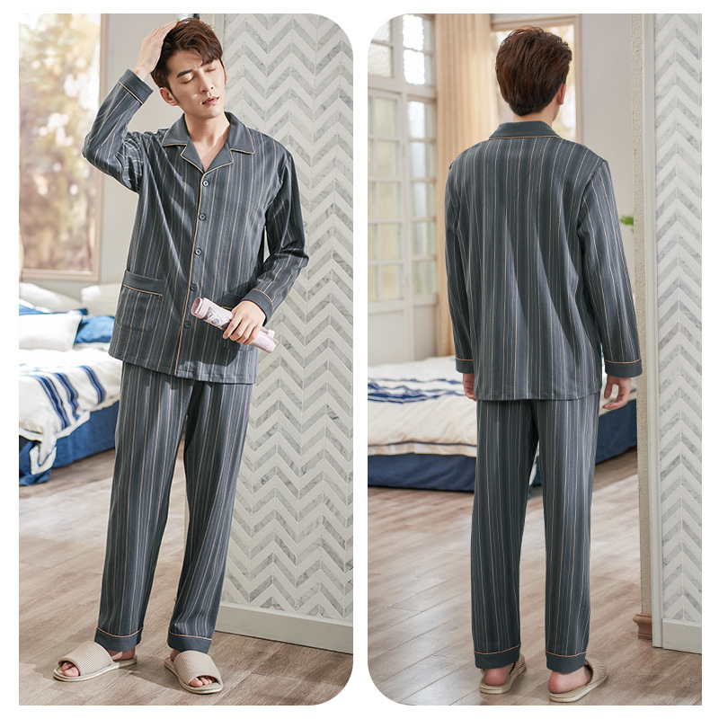 Pijamas hombres primavera y otoño 100% algodón de manga larga a rayas ropa para el hogar de los hombres Otoño e Invierno primavera traje de talla grande
