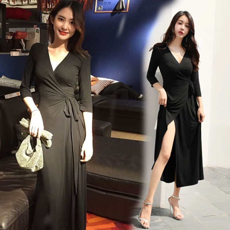 2026 Summer New Solid Color Wrap Dress, Mature and Elegant, Slim-Fit, One-Piece Black Extended Length Dress 2026 Summer New Solid Color Wrap Dress, Mature and Elegant, Slim-Fit, One-Piece Black Extended Length Dress