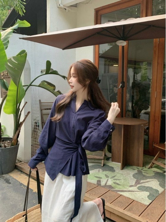 设计感系带亚麻长袖衬衫女秋季2025新款气质宽松时尚减龄休闲上衣|undefined