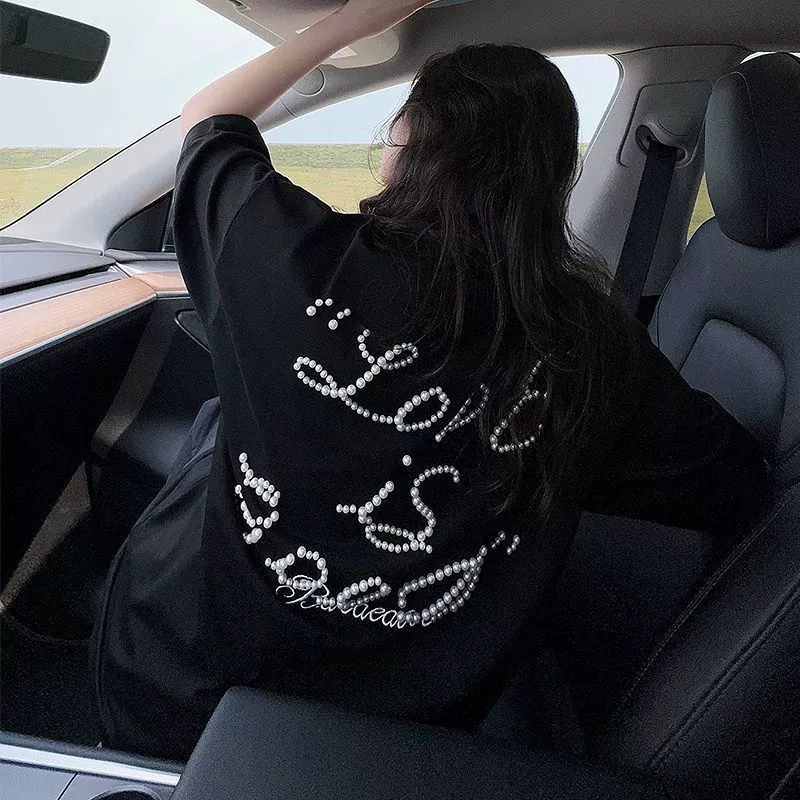 21 210g расчесанный хлопок американский креативный алфавит с вышивкой бусы с короткими рукавами футболка женская свободная 300 кг топ