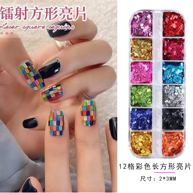 12-Grid New Colorful Square Sequins Laser Flash Square Nail Art Sequins Grid Patchwork Trendy Nail Stickers