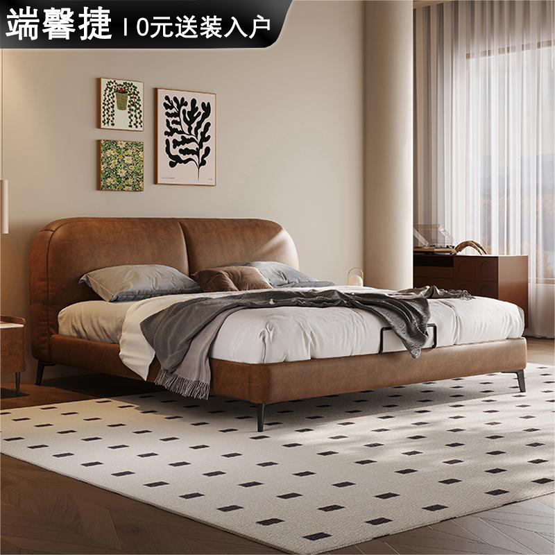 Francés retro cama de cuero genuino cera de aceite chino antiguo estilo cama doble dormitorio principal cama 1,8 m de gama alta atmosférica cama de cuero cama de la boda