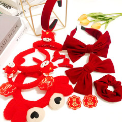 新年紅色系流行髮飾蝴蝶結髮箍髮夾虎頭螃蟹頭箍頂夾劉海夾喜慶女