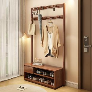 Solid Wood Floor-Standing Clothes Rack, Bedroom Entrance Shoe-Changing Bench with Integrated Coat Rack, Household Shoe Rack with Seating