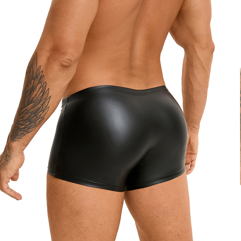 Transfronterizo Amazon sexy cuero lacado hombre pantalones de ángulo plano imitación de cuero interesante botón convexo U fácil de quitar pantalones de ángulo plano