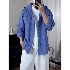 蓝色弯刀袖格子连帽衬衫男款夏季薄款高级感宽松休闲防晒衬衣外套
