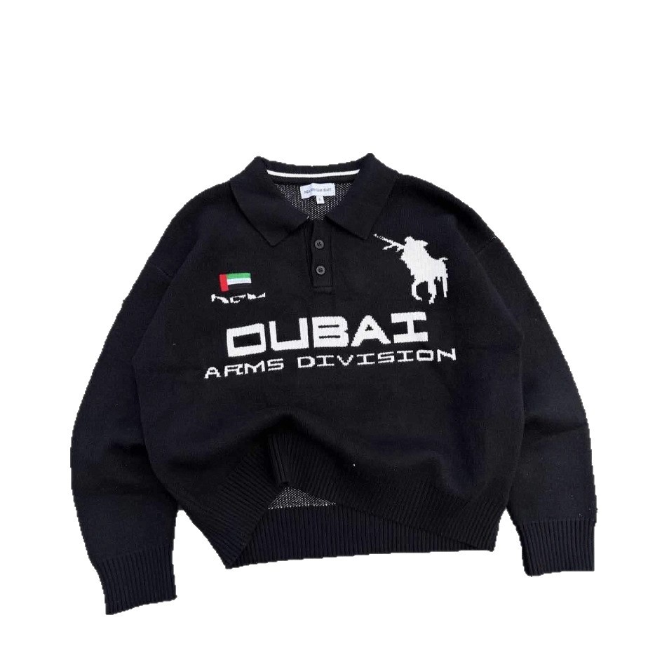 Suéter de punto negro retro americano transfronterizo europeo y americano, suéter suelto de manga larga con cuello de polo para hombre con letras pesadas