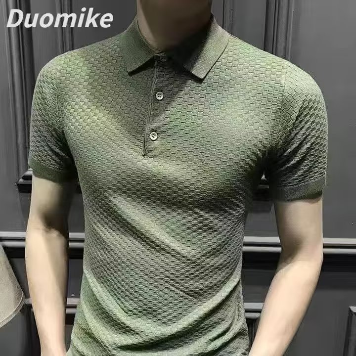 Nueva Camiseta de manga corta de seda de hielo a rayas casual ropa superior de los hombres delgados simples suéter de moda