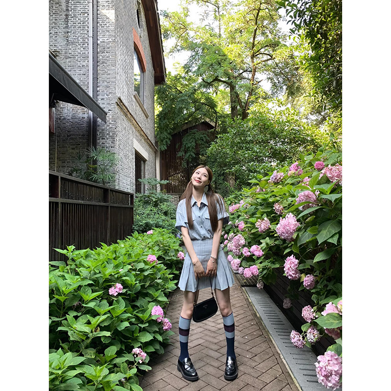 Xiaojunjun Britney New York Preppy Design Sweet Girl Striped Shirt Skirt Suit Women's Summer New Style