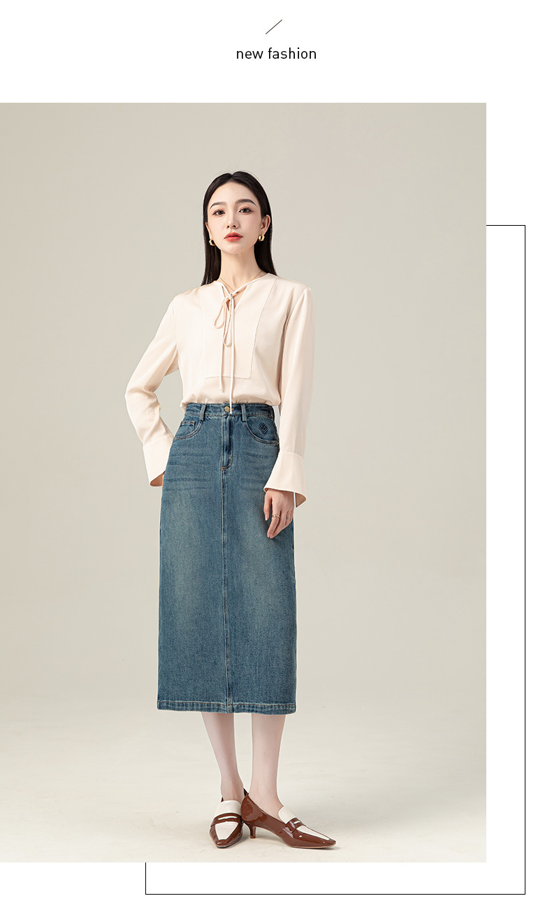 Chân váy denim Lyocell nữ xẻ tà sau, cạp cao ôm dáng dáng thẳng — Màu xanh lam chi tiết 22