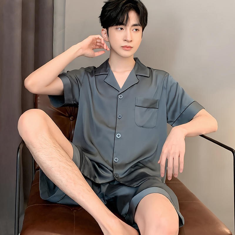 High-grade Ice Silk Pajamas Men's Summer Thin Cardigan Short-sleeved Youth Home Clothes suit Silk Live Cross-border