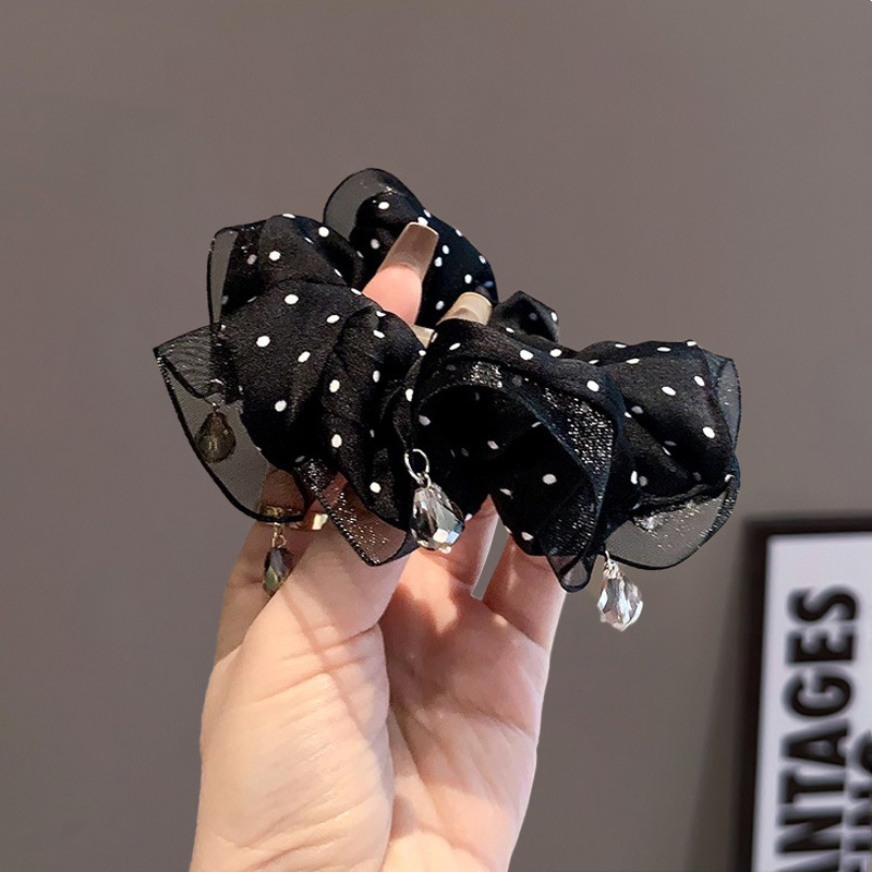 Xianqi blanco, falda de doble capa, lunares, anillo para el cabello de intestino grueso, nuevo cabello coreano de gran tamaño, bola baja, cuerda para el cabello, accesorios para el cabello perezosos
